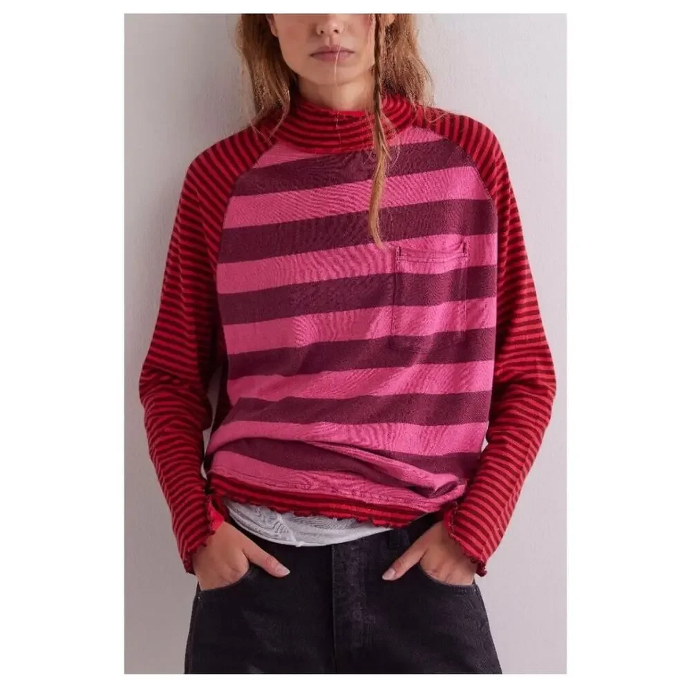 Free People We The Free Punk Playful Tee Size Medium Pink Red Stripes Emo